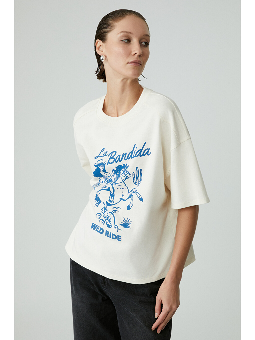 Berrıe Kadın Regular Baskılı Yuvarlak Yaka Ekru T-shirt-2
