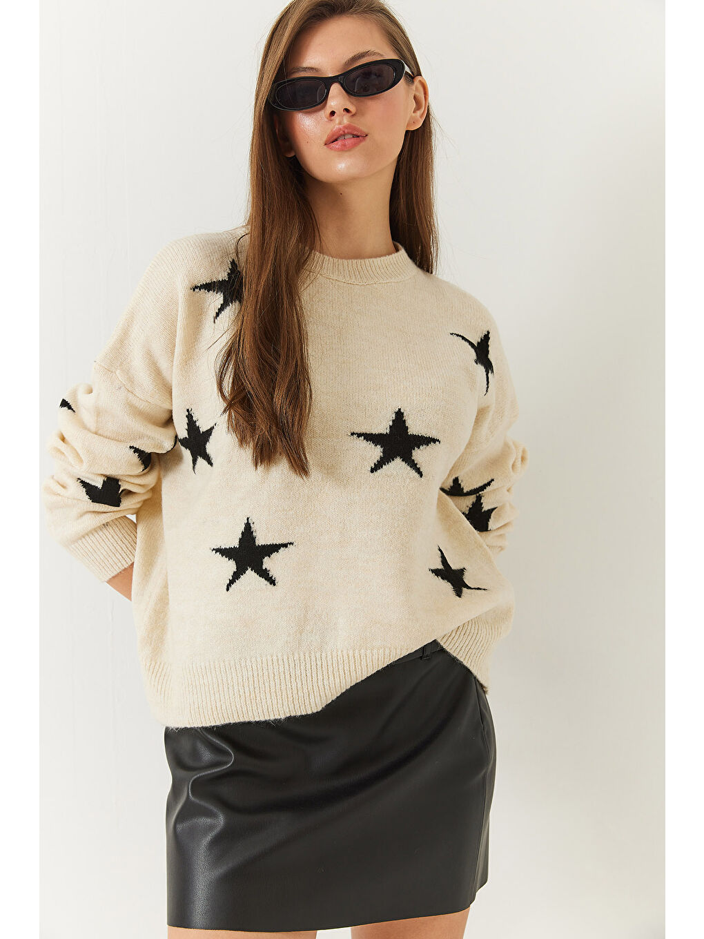 Lila Kadın Bisiklet Yaka Yıldız Desenli Triko Kazak-1