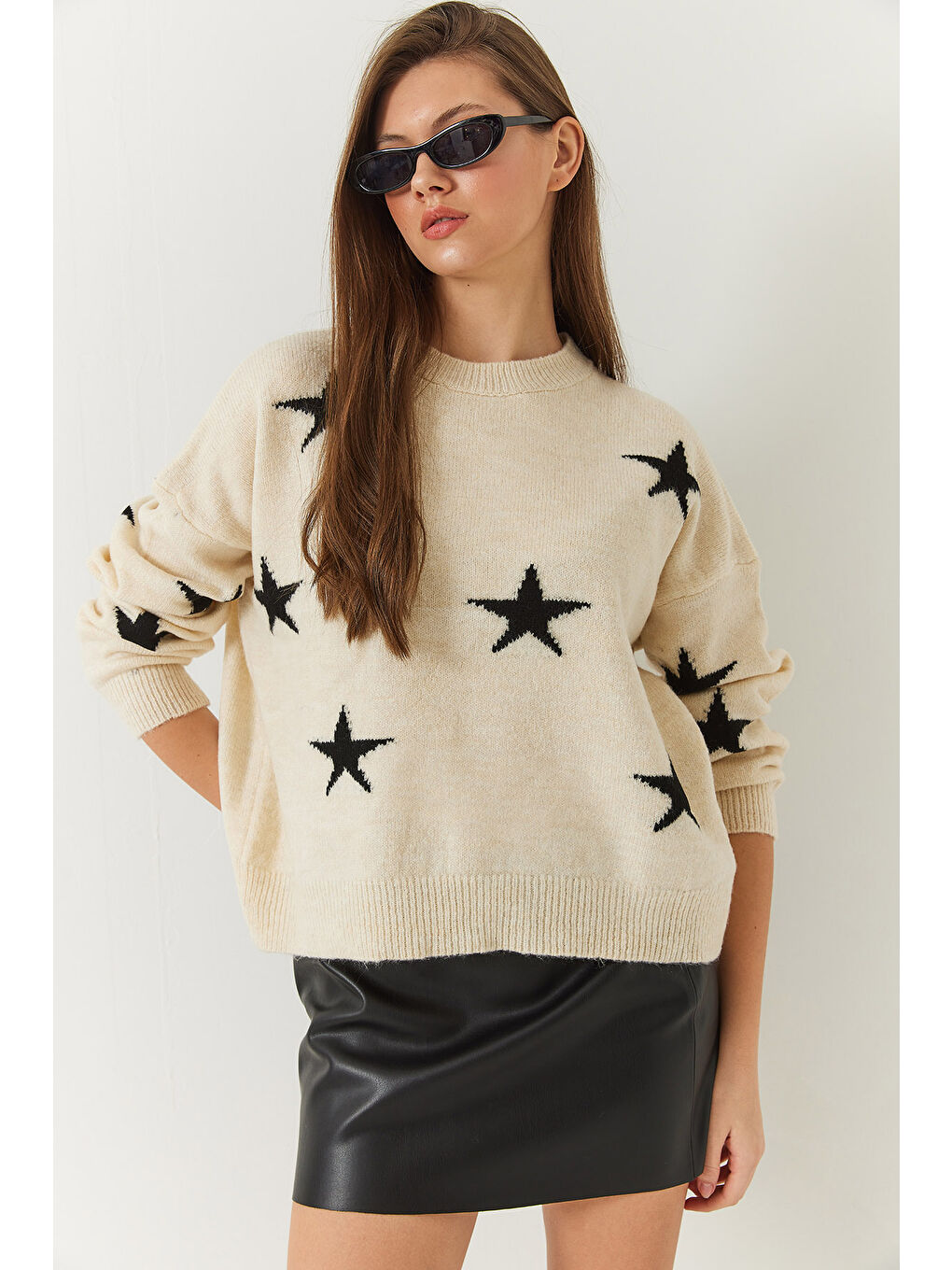 Lila Kadın Bisiklet Yaka Yıldız Desenli Triko Kazak-2