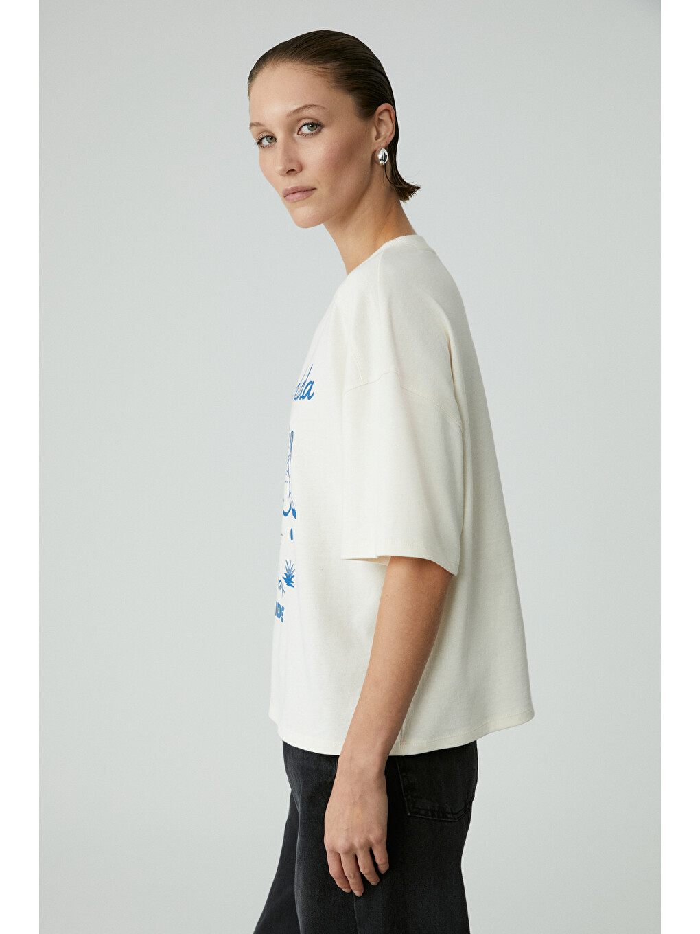 Berrıe Kadın Regular Baskılı Yuvarlak Yaka Ekru T-shirt-3