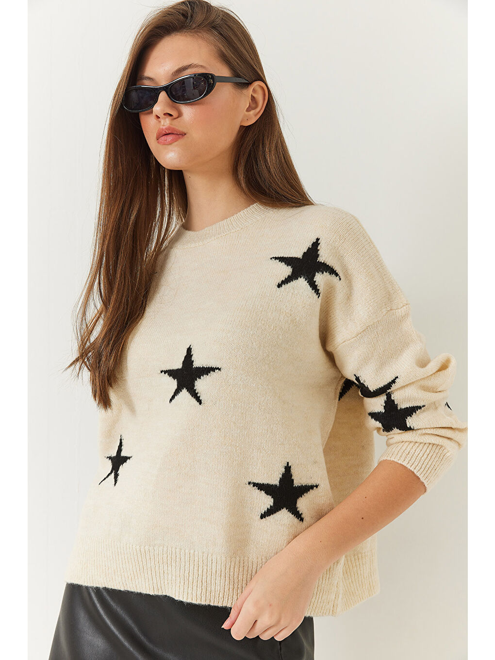 Lila Kadın Bisiklet Yaka Yıldız Desenli Triko Kazak-3