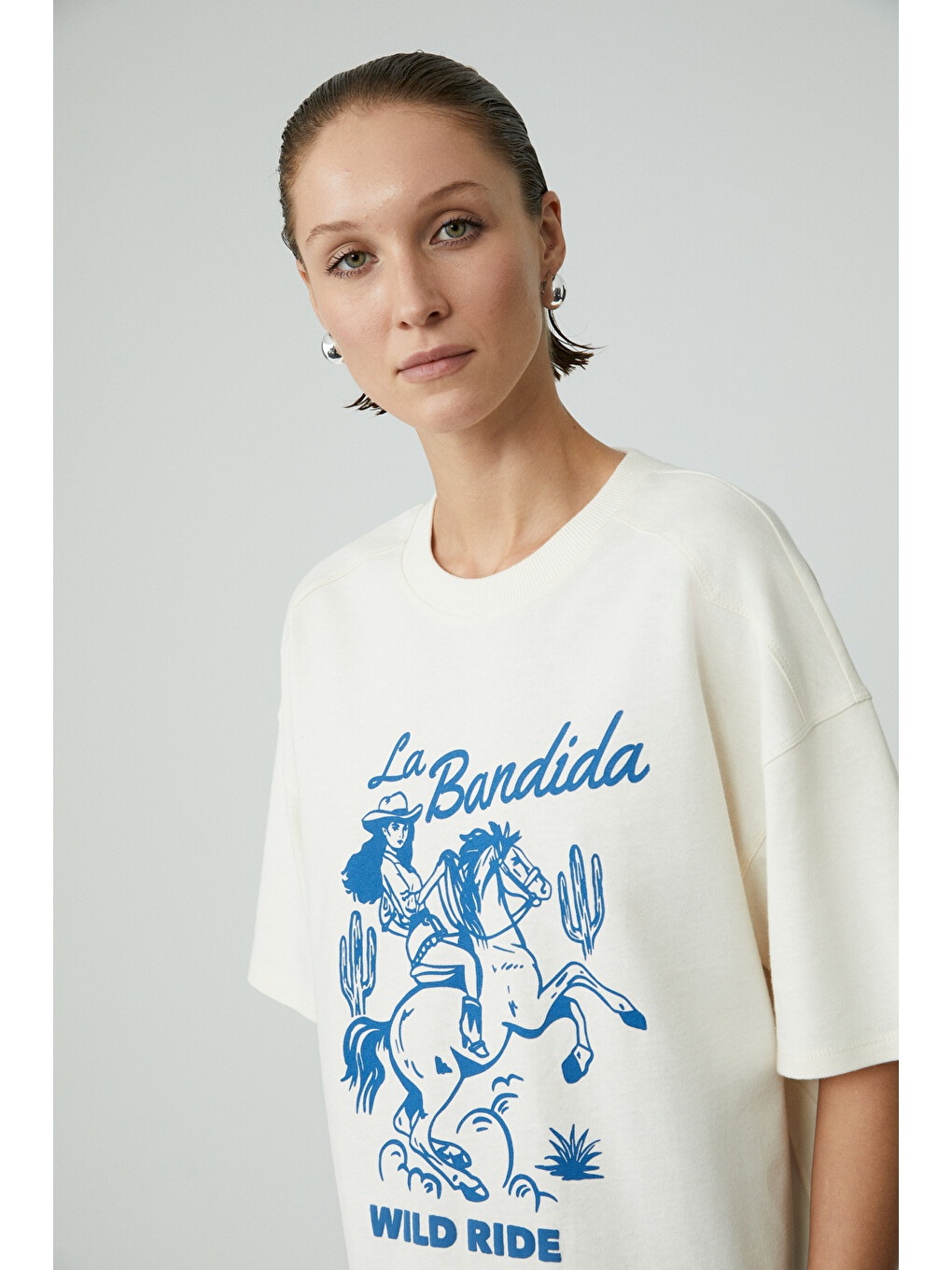 Berrıe Kadın Regular Baskılı Yuvarlak Yaka Ekru T-shirt-4