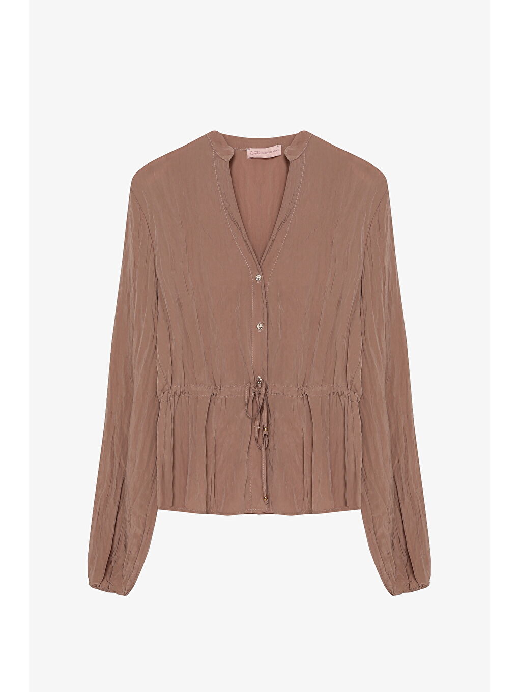 Buruşuk Dokulu Beli Bağcıklı Düğmeli Gömlek Açık Kahverengi