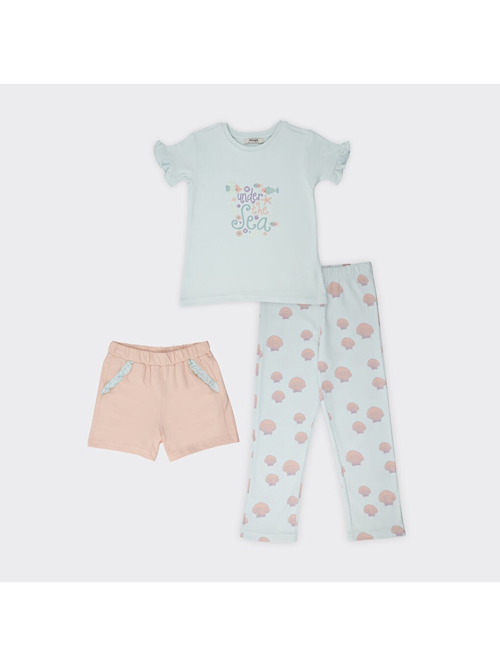 Panço Mint Yeşil Kız Çocuk  Deniz Kabuğu Desenli 3'lü Set Pijama Takımı