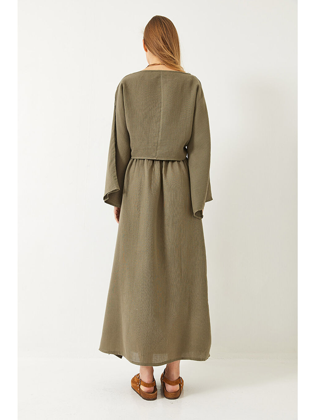 Haki Kadın Yarasa Kol Croplu Beli Lastikli Yırtmaç Detay Etekli Müslin Takım-6