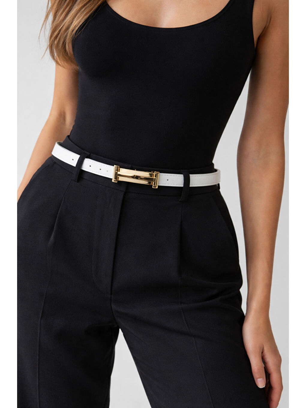 Uzun Tokalı Beyaz İnce Kadın Kemeri Ceket Kemeri, Gömlek Kemeri, Elbise Kemeri KMR004 BEYAZ-1