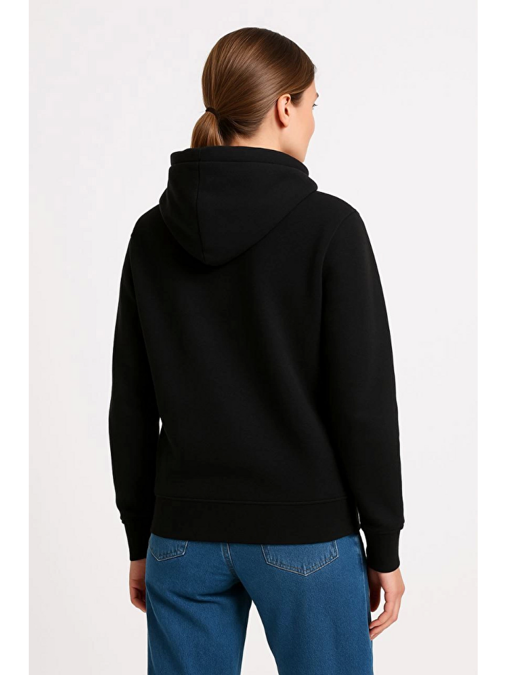 Üç İplik Kapüşonlu Kanguru Çepli Sweatshirt Hoodie - Siyah-1