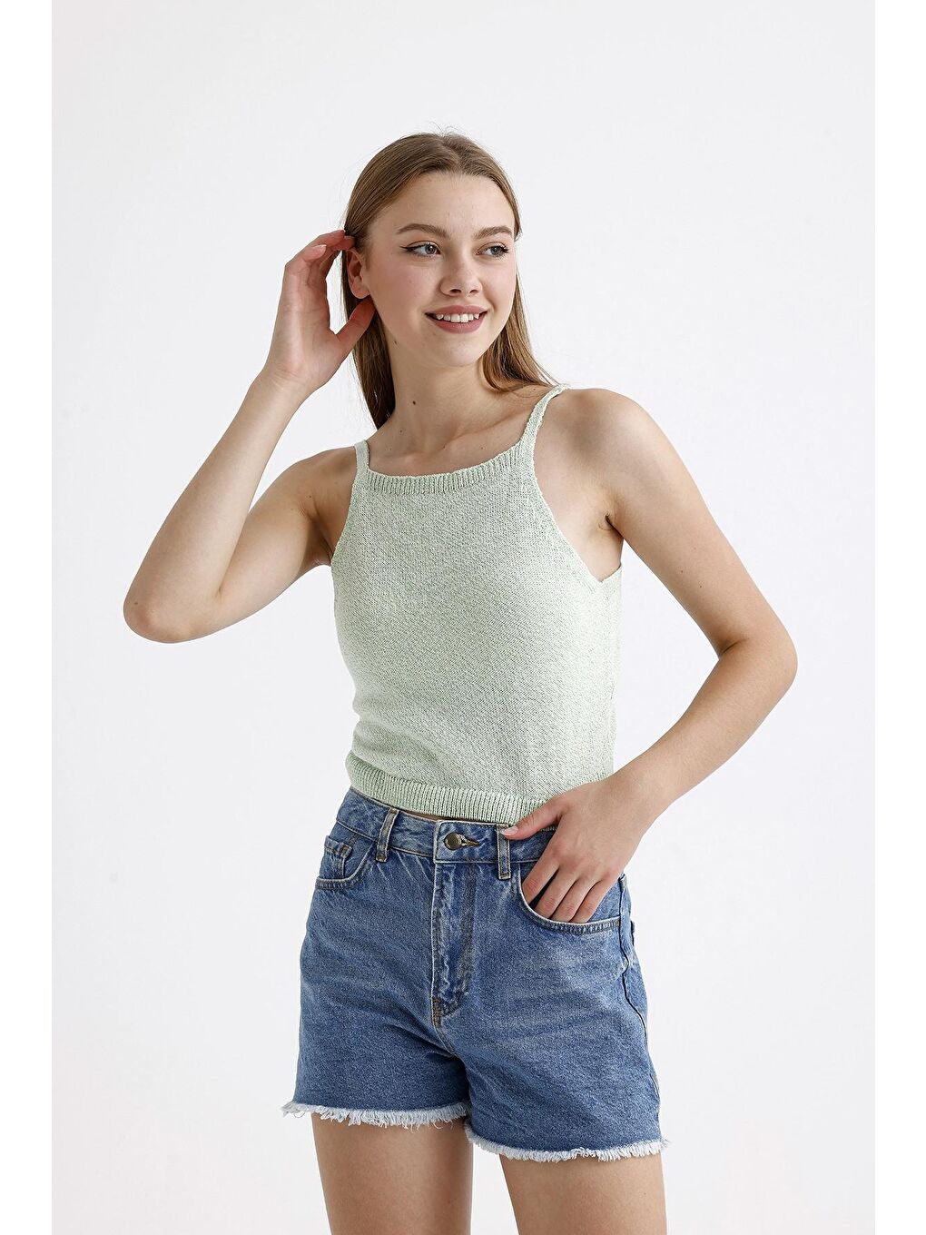 Stil Diva Yeşil İnce Askılı Kolsuz Triko Crop Bluz - 3