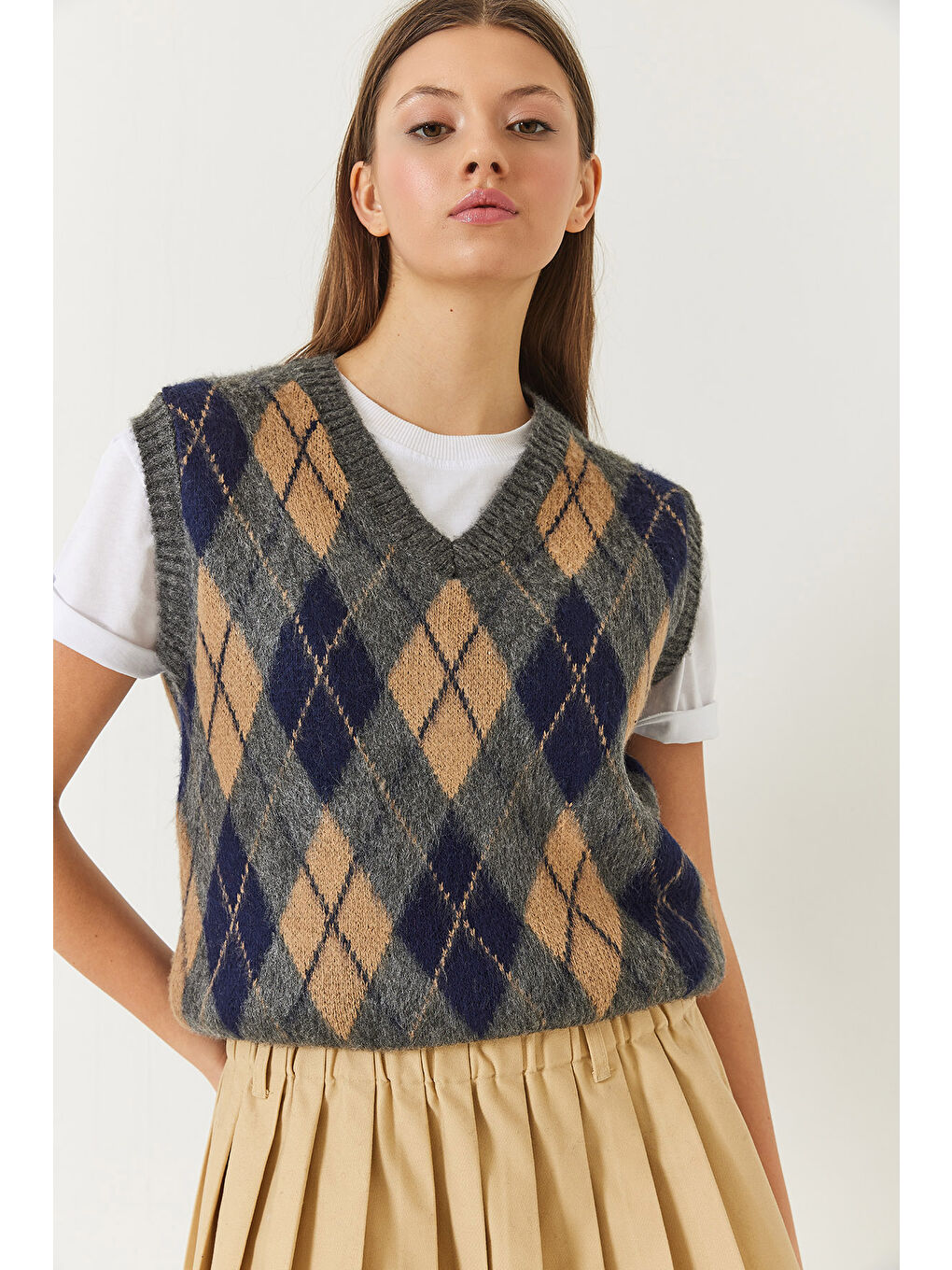 Antrasit Kadın Şardonlu Baklava Desenli Triko Süveter-1