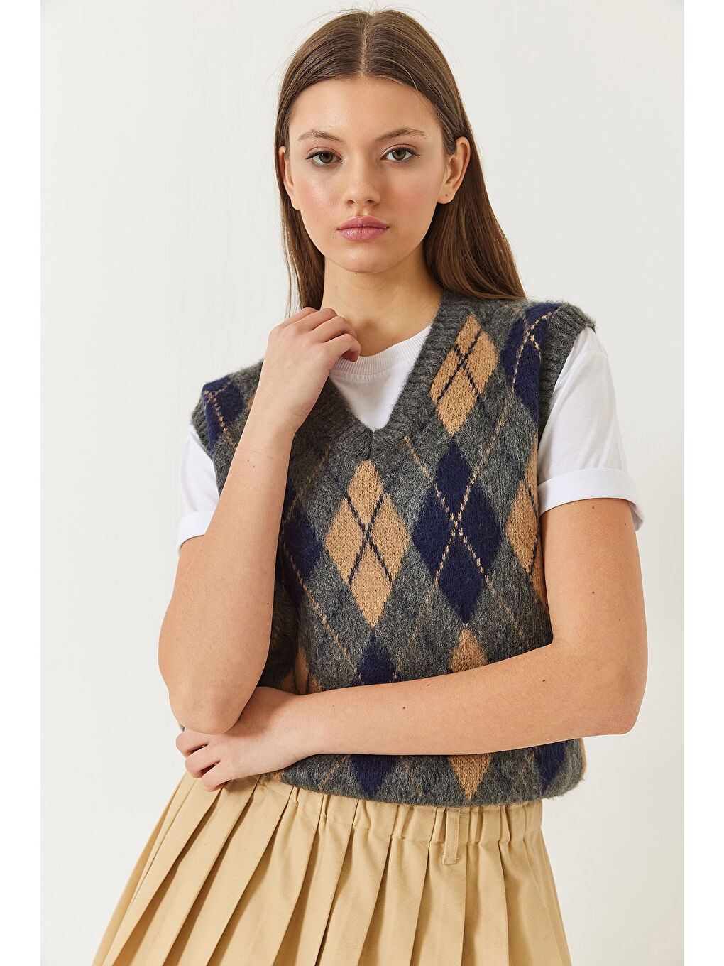 Antrasit Kadın Şardonlu Baklava Desenli Triko Süveter-2