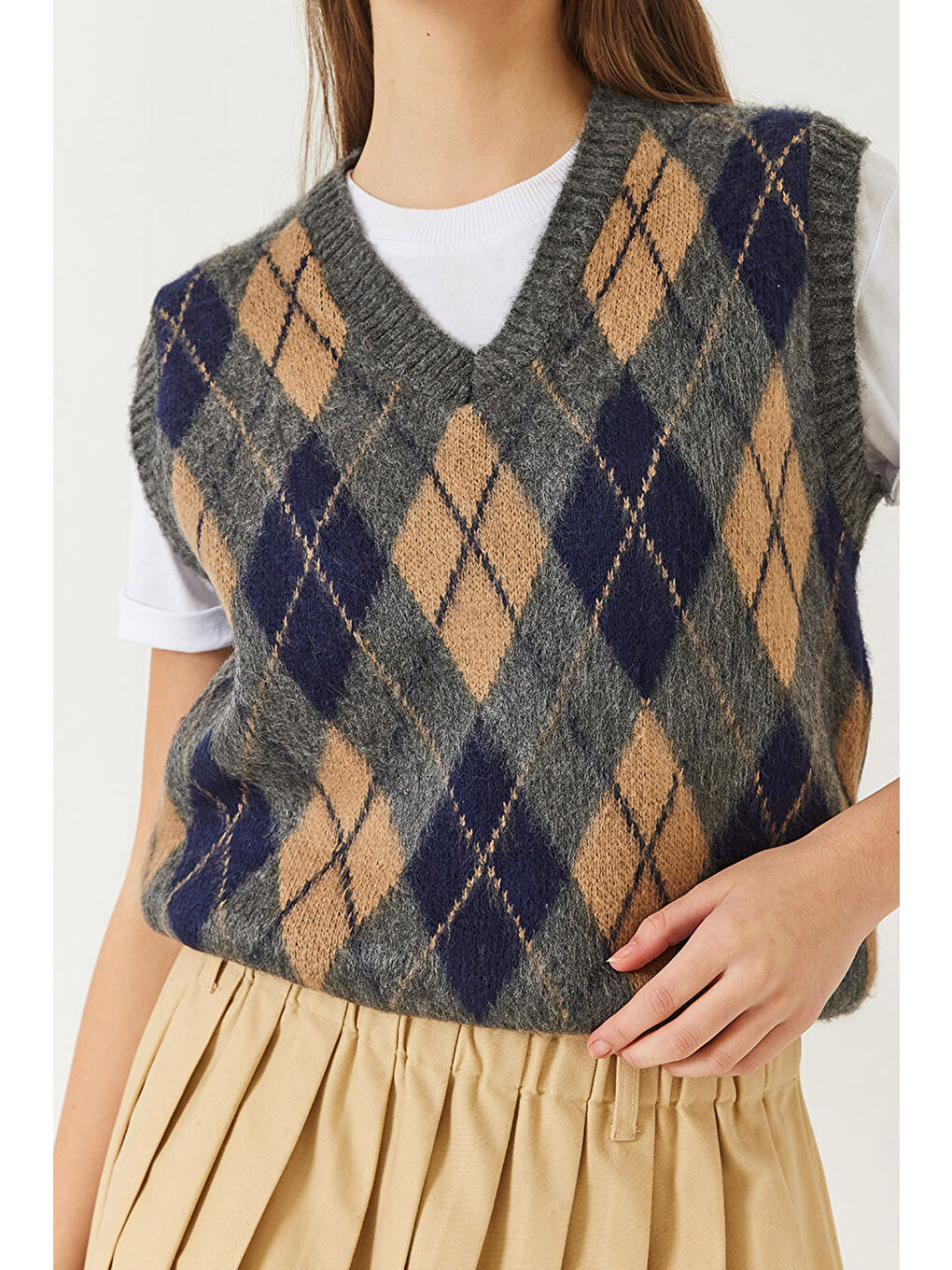 Antrasit Kadın Şardonlu Baklava Desenli Triko Süveter-3