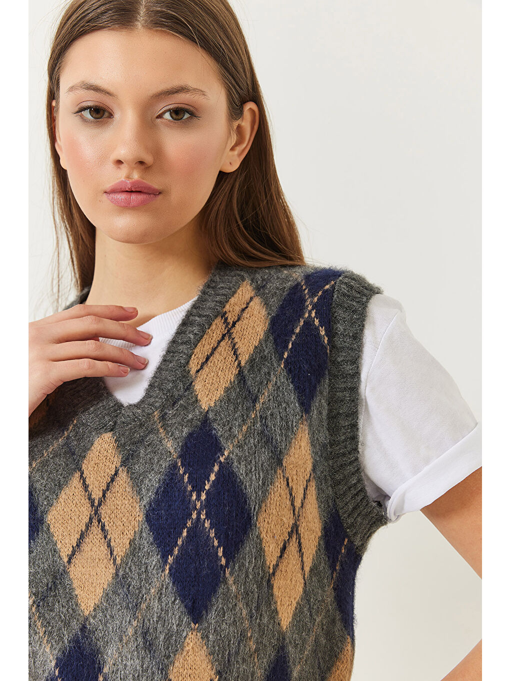 Antrasit Kadın Şardonlu Baklava Desenli Triko Süveter-4