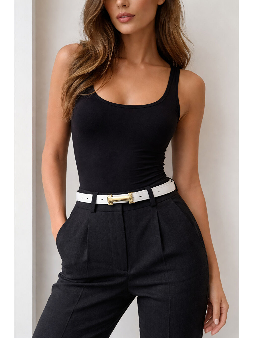 Uzun Tokalı Beyaz İnce Kadın Kemeri Ceket Kemeri, Gömlek Kemeri, Elbise Kemeri KMR004 BEYAZ-4