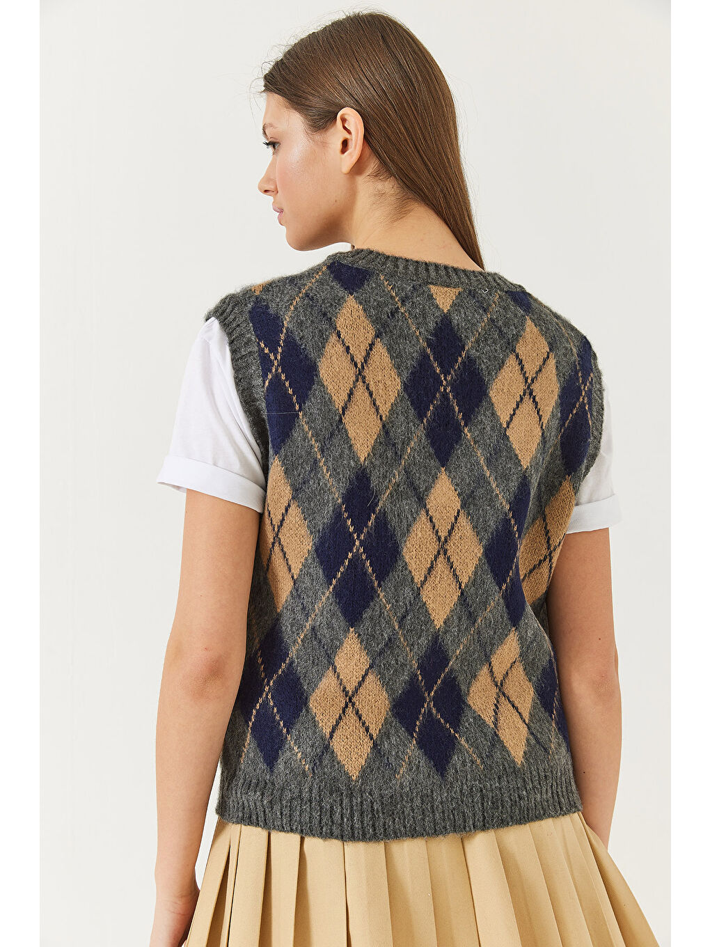 Antrasit Kadın Şardonlu Baklava Desenli Triko Süveter-5