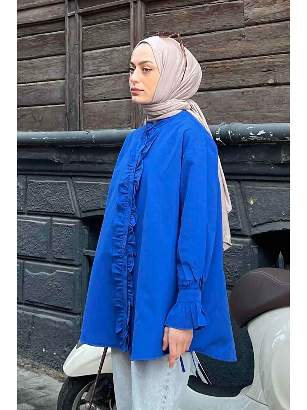 Flores Fırfırlı Tunik Saks Mavisi-1