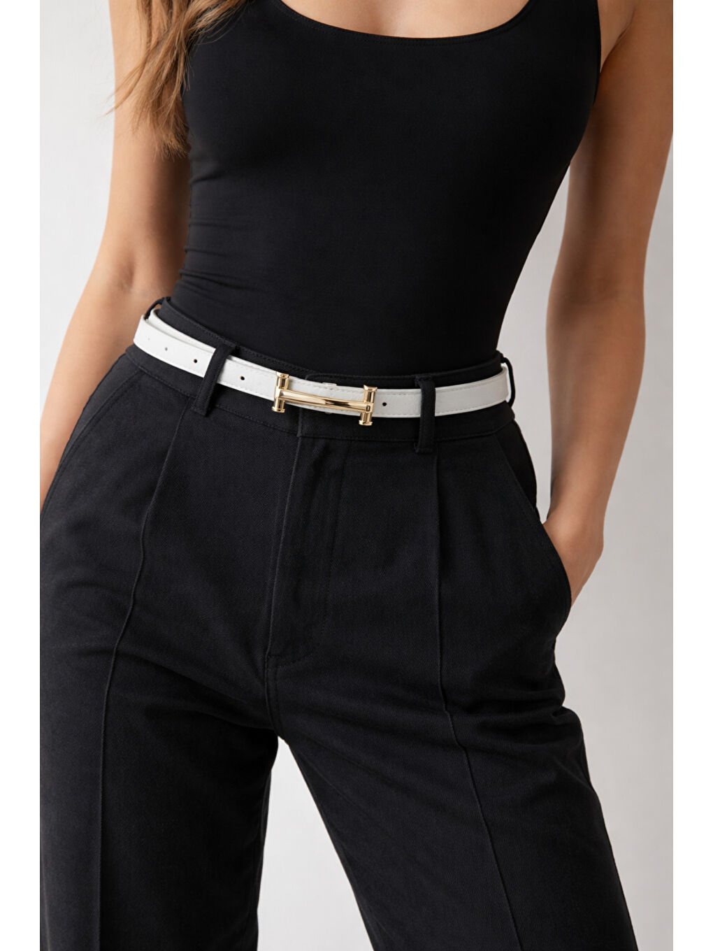 Uzun Tokalı Beyaz İnce Kadın Kemeri Ceket Kemeri, Gömlek Kemeri, Elbise Kemeri KMR004 BEYAZ-5