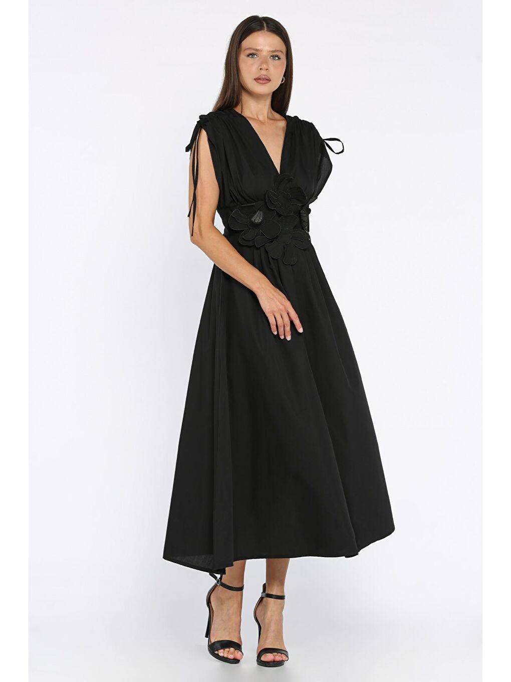 Siyah Papatya Aplikeli Kruvaze Elbise-1