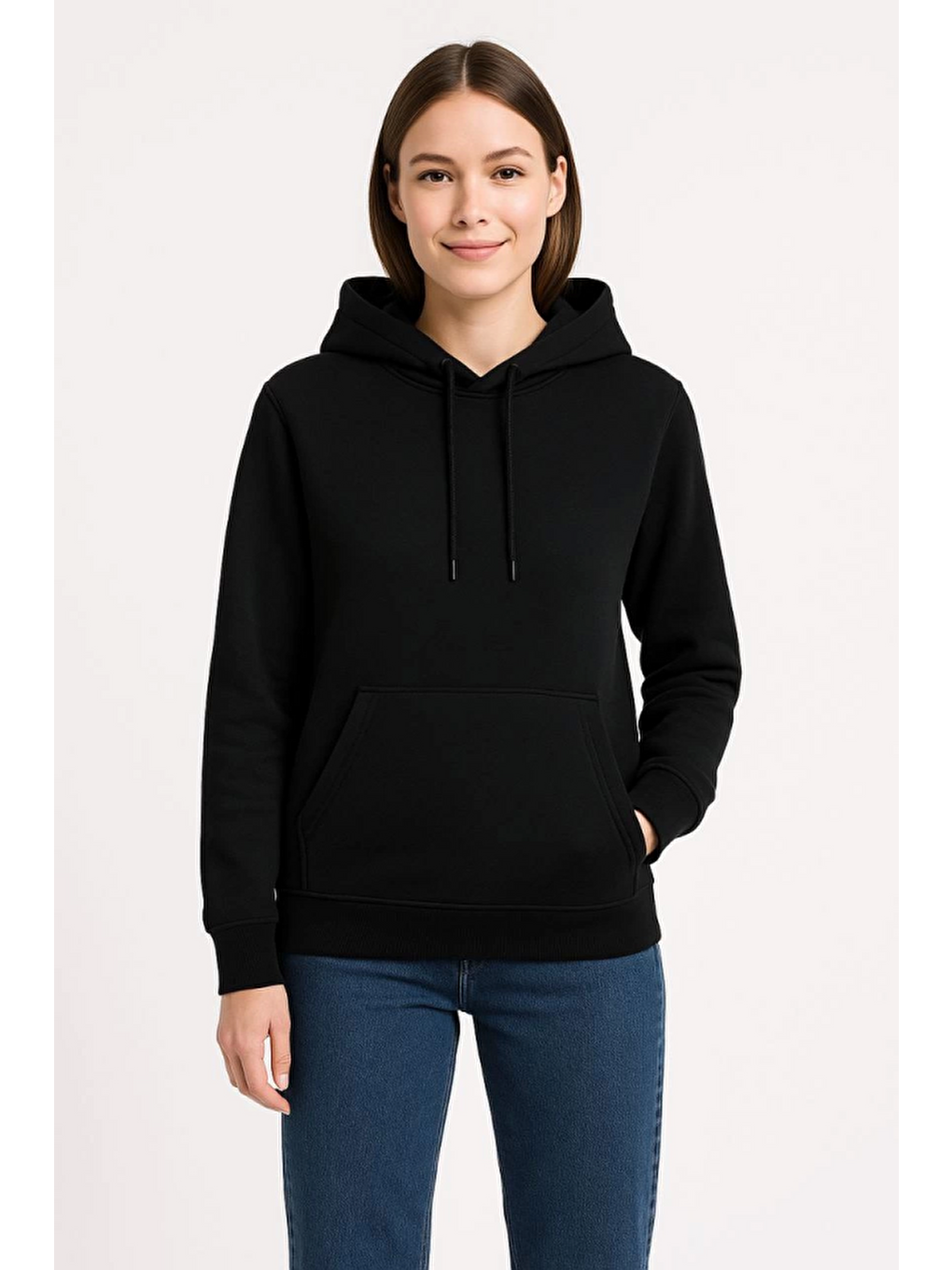 Üç İplik Kapüşonlu Kanguru Çepli Sweatshirt Hoodie - Siyah-2