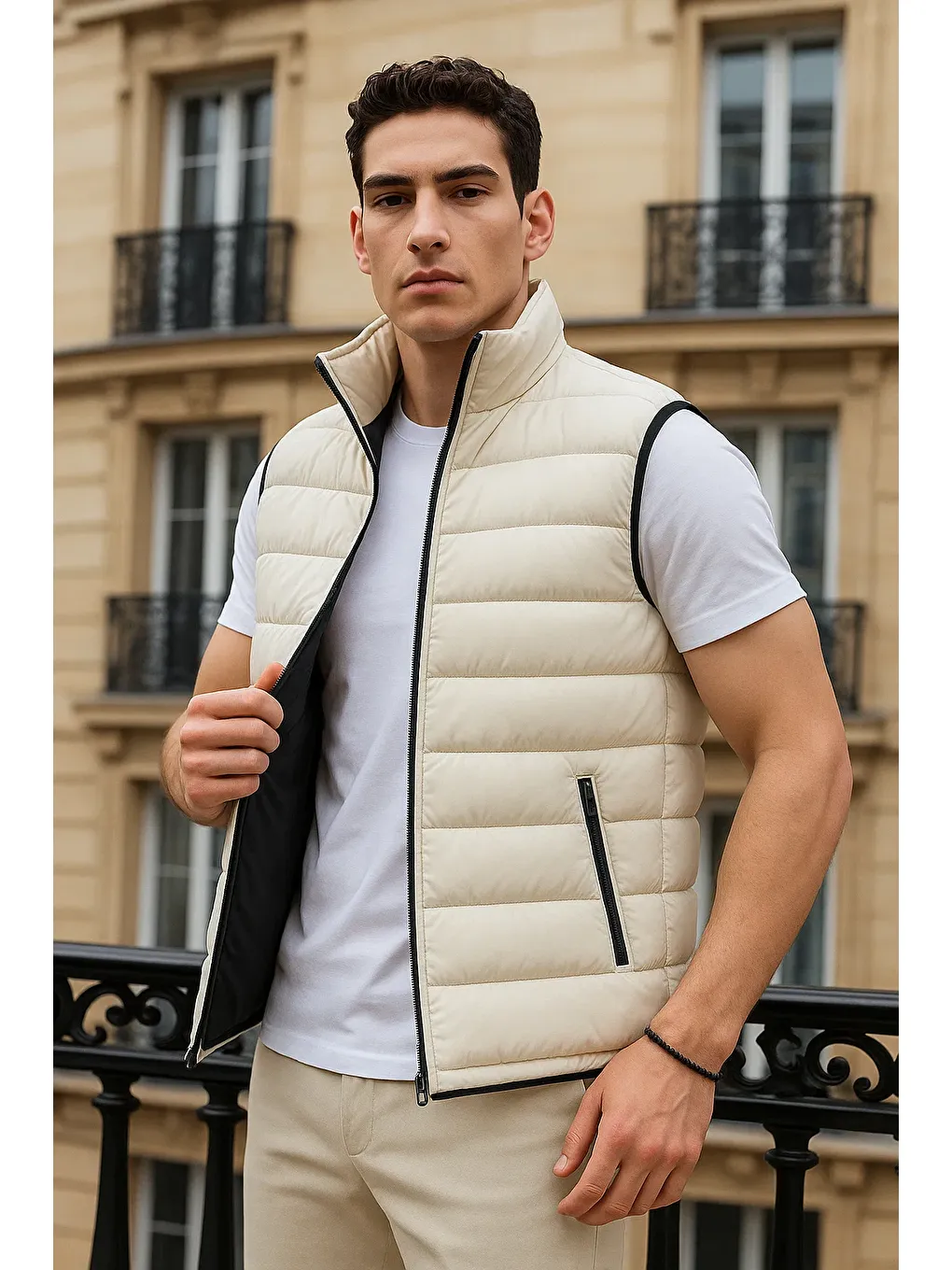 Ekru Erkek Kışlık Cepli Trend Fermuarlı Krem Şişme Yelek