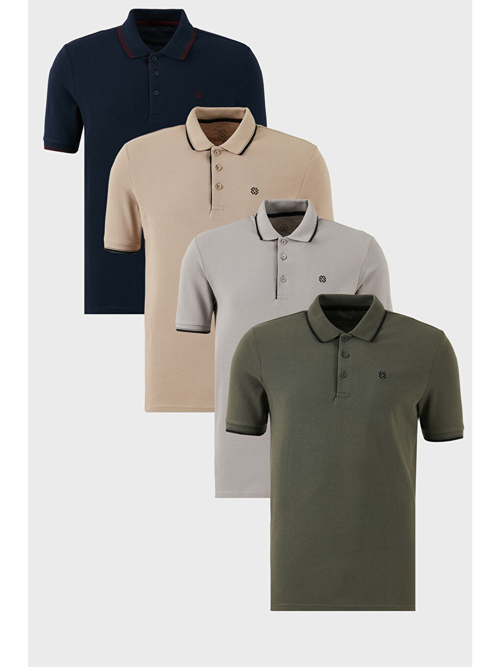 Haki Pamuklu Slim Fit Şerit Detaylı Düğmeli Polo Yaka 4'lü Paket %100 Pamuk Tişört 5902118S4
