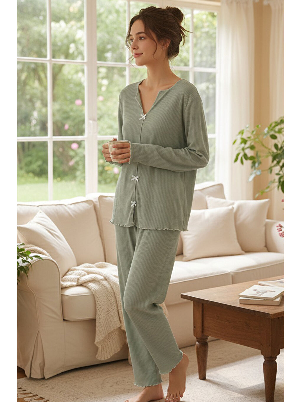 Yeşil Fitilli Pijama Takımı Mint - 28069-MINT