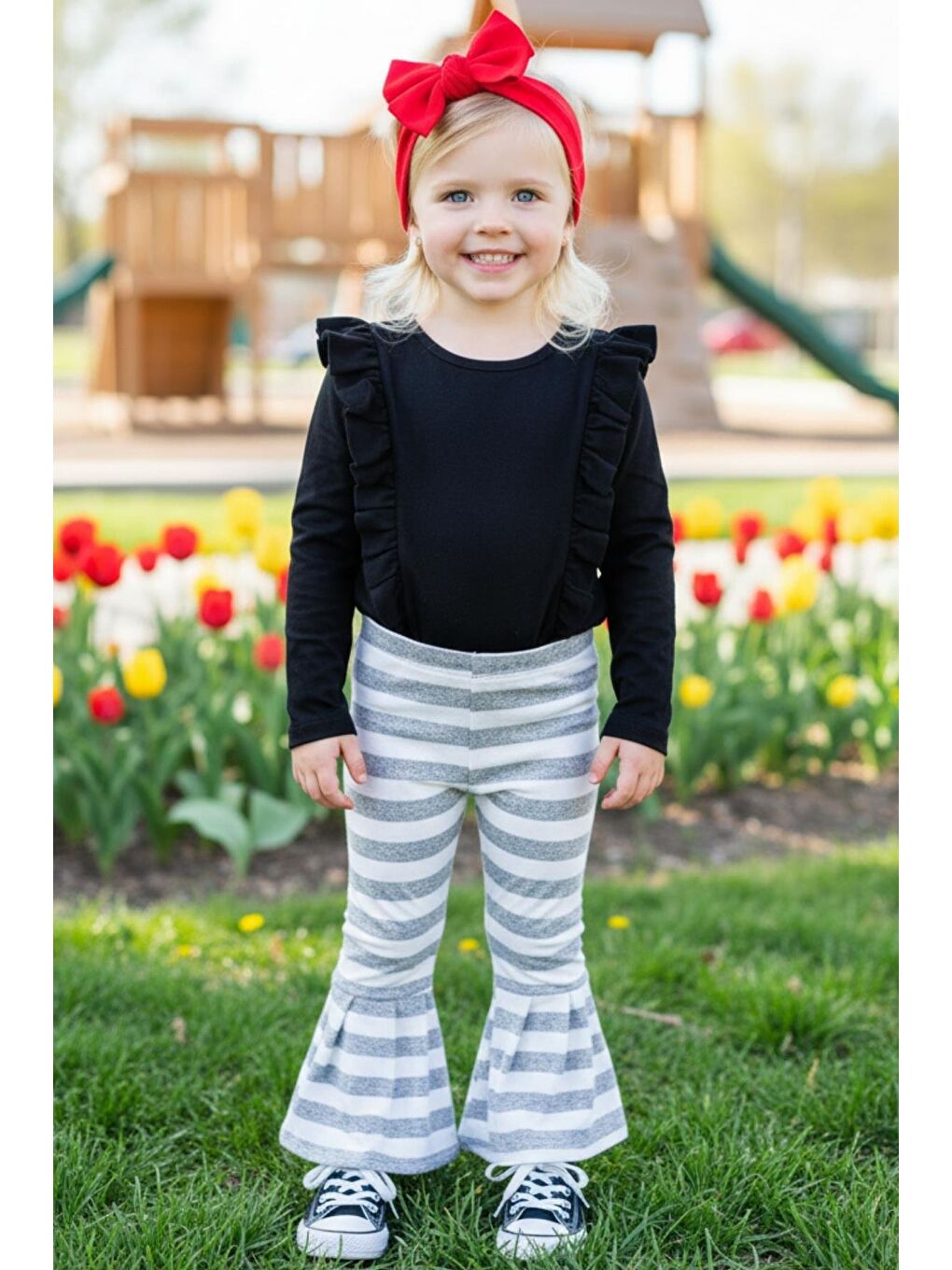 Kız Çocuk Gri Çizgili Tayt Bandana Takım