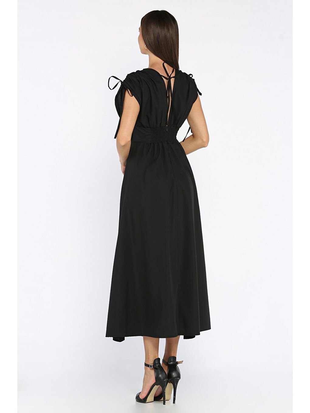 Siyah Papatya Aplikeli Kruvaze Elbise-3