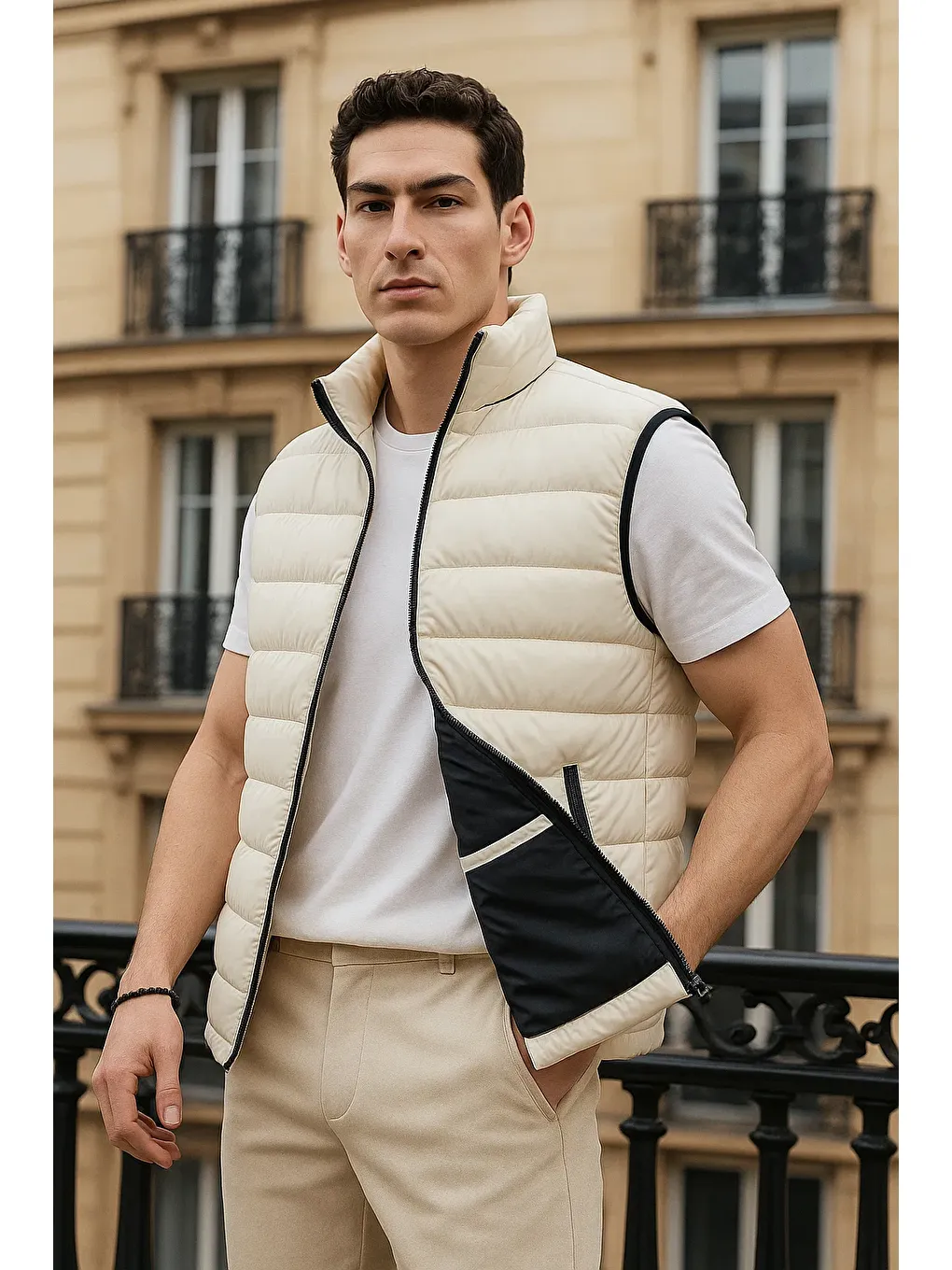 Ekru Erkek Kışlık Cepli Trend Fermuarlı Krem Şişme Yelek-1
