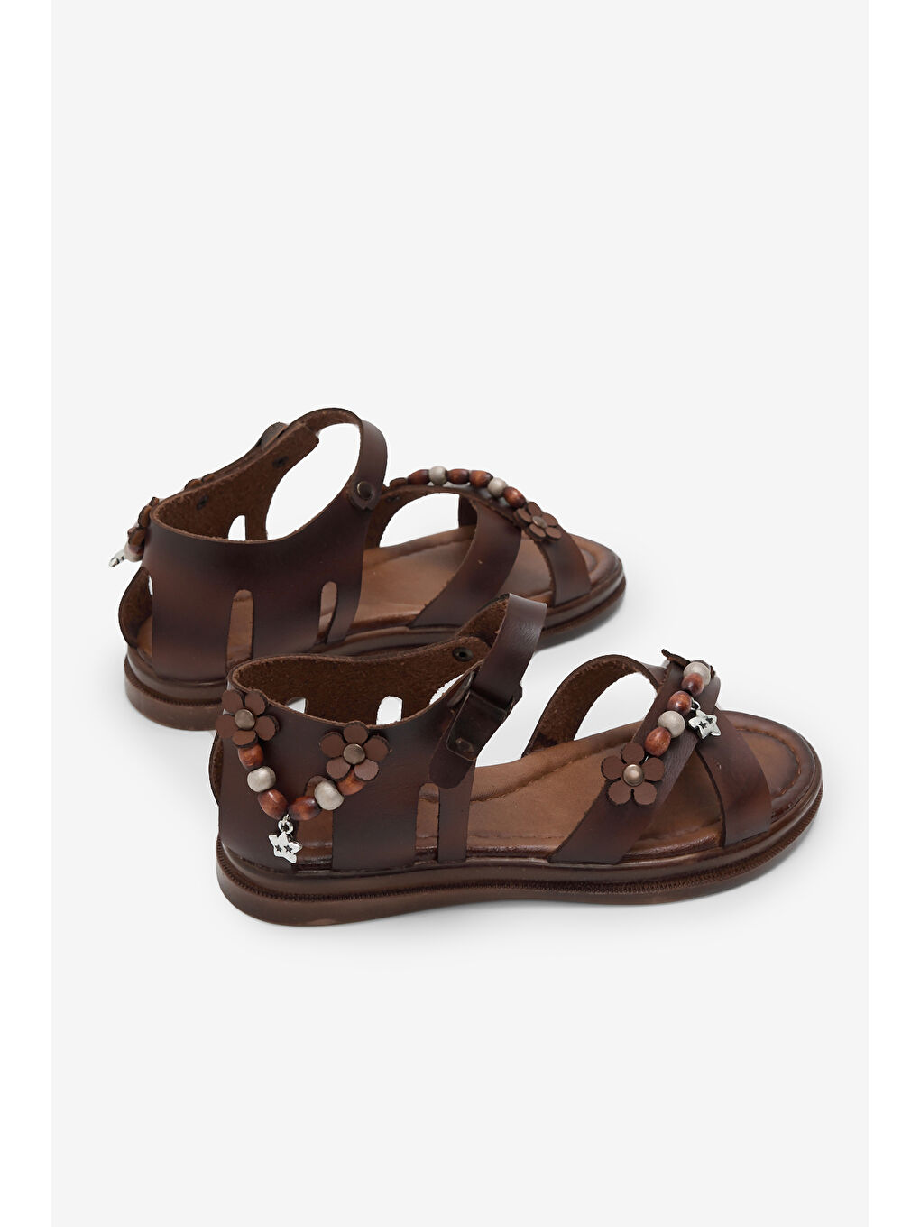 Kahverengi Kız Çocuk Taba Rahat Kalıp Boncuklu Sandalet-1