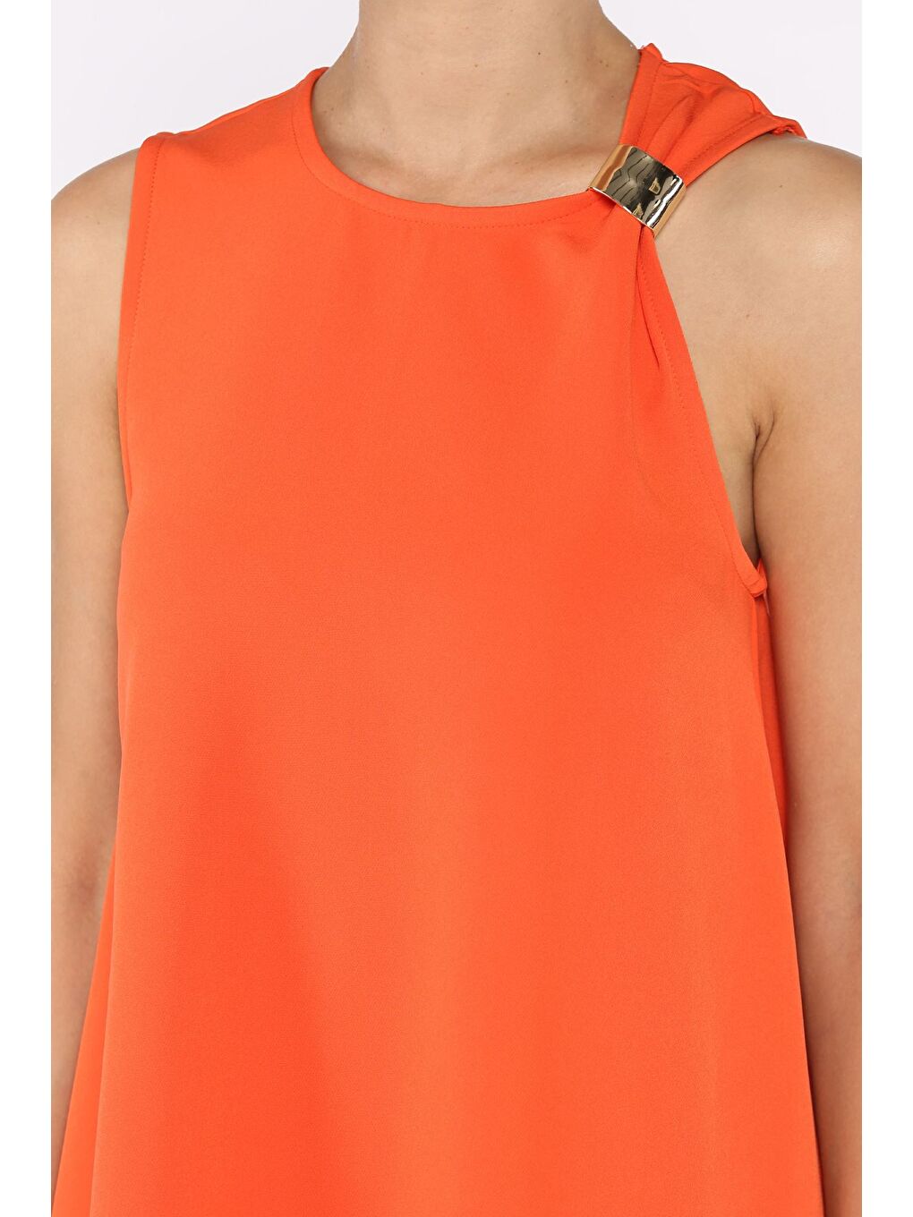 Turuncu Omuz Tokalı Rahat Kısa Elbise-3