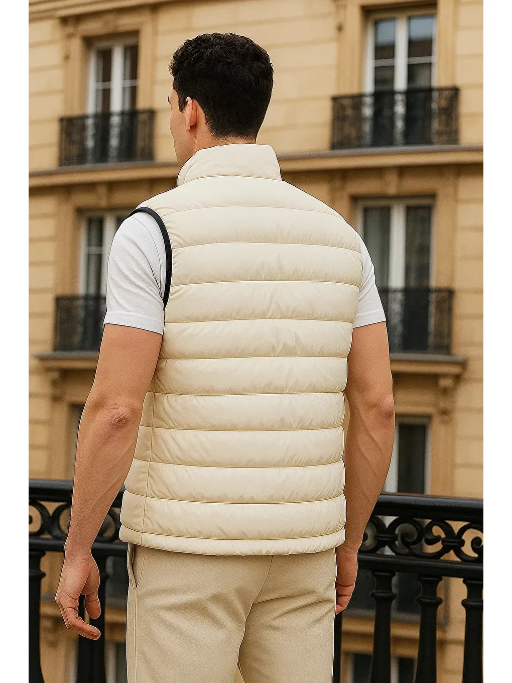 Ekru Erkek Kışlık Cepli Trend Fermuarlı Krem Şişme Yelek-4