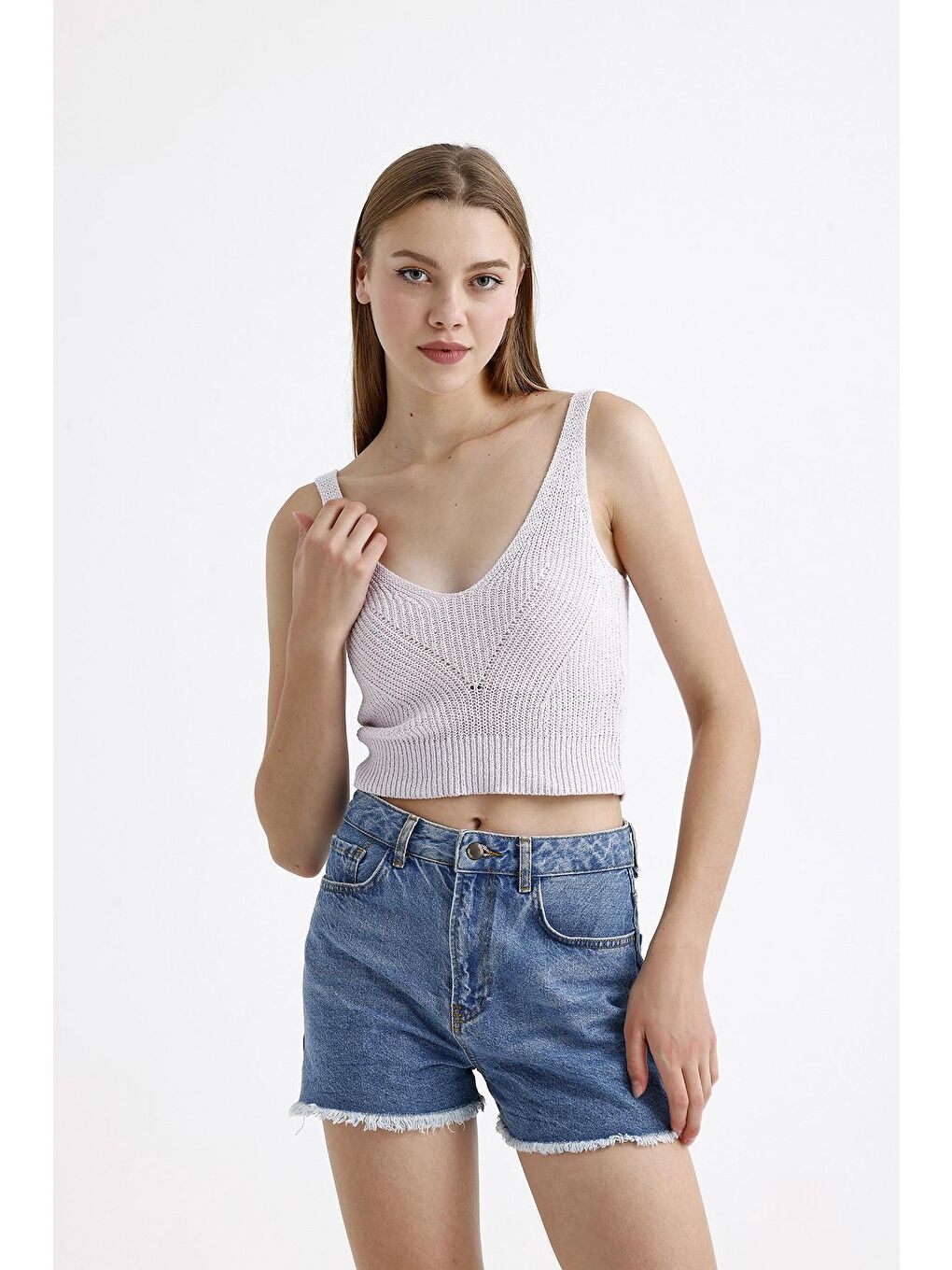 Lila Kalın Askılı V Yaka Kolsuz Triko Crop Bluz