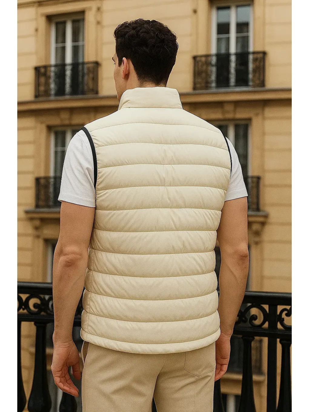 Ekru Erkek Kışlık Cepli Trend Fermuarlı Krem Şişme Yelek-5