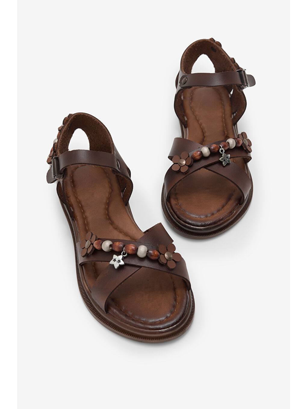 Kahverengi Kız Çocuk Taba Rahat Kalıp Boncuklu Sandalet-2