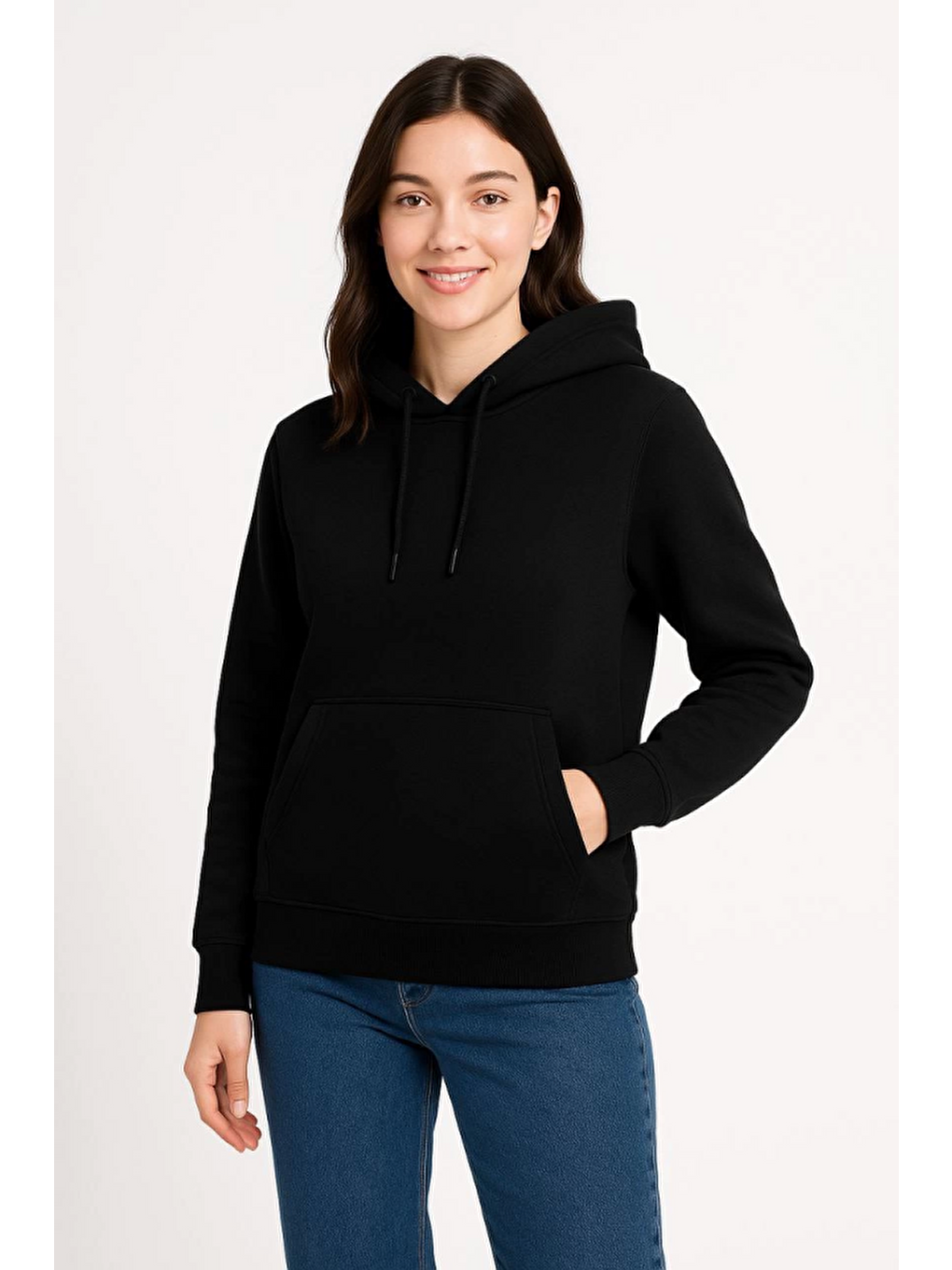 Üç İplik Kapüşonlu Kanguru Çepli Sweatshirt Hoodie - Siyah-3