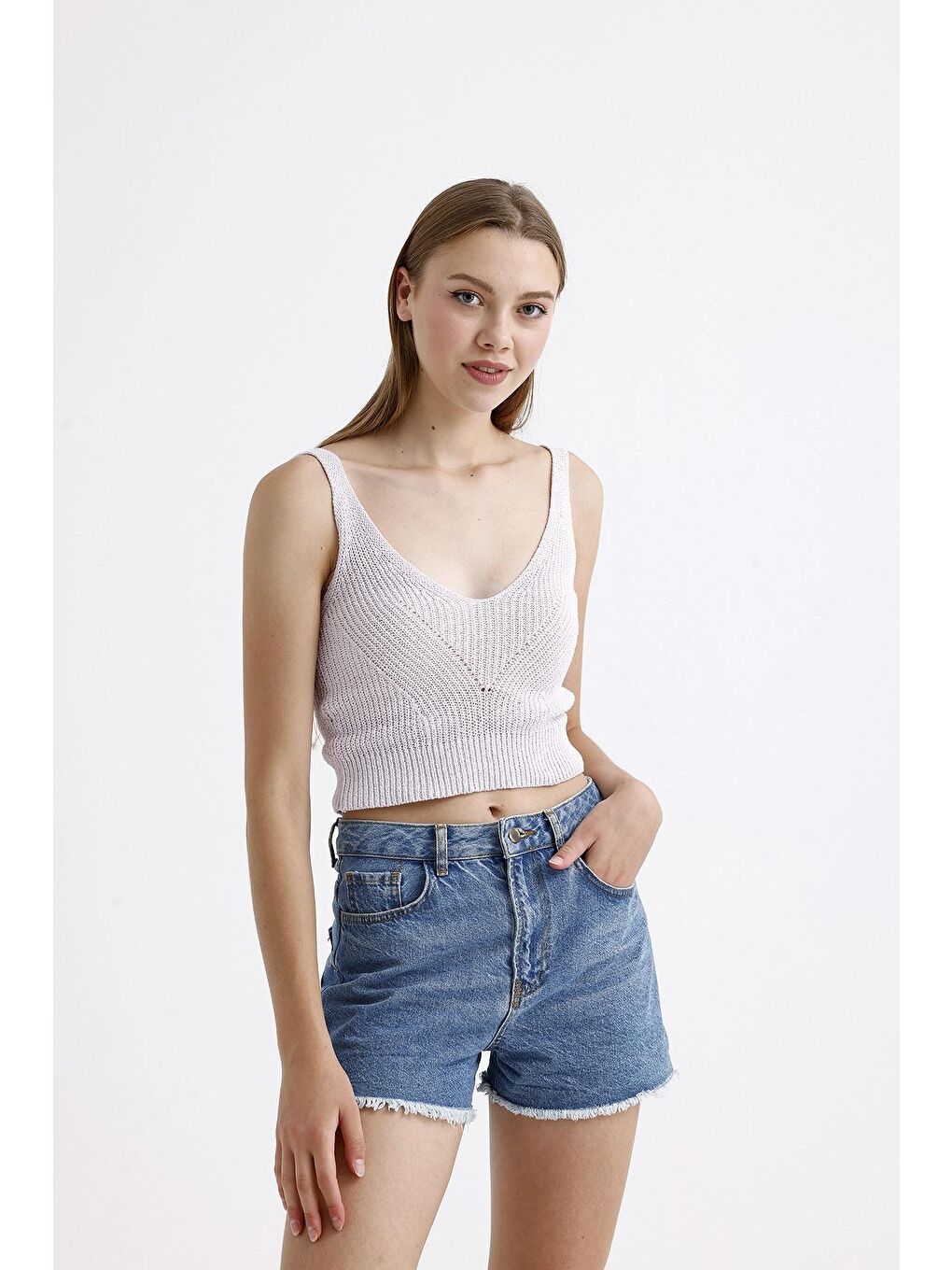 Lila Kalın Askılı V Yaka Kolsuz Triko Crop Bluz-1