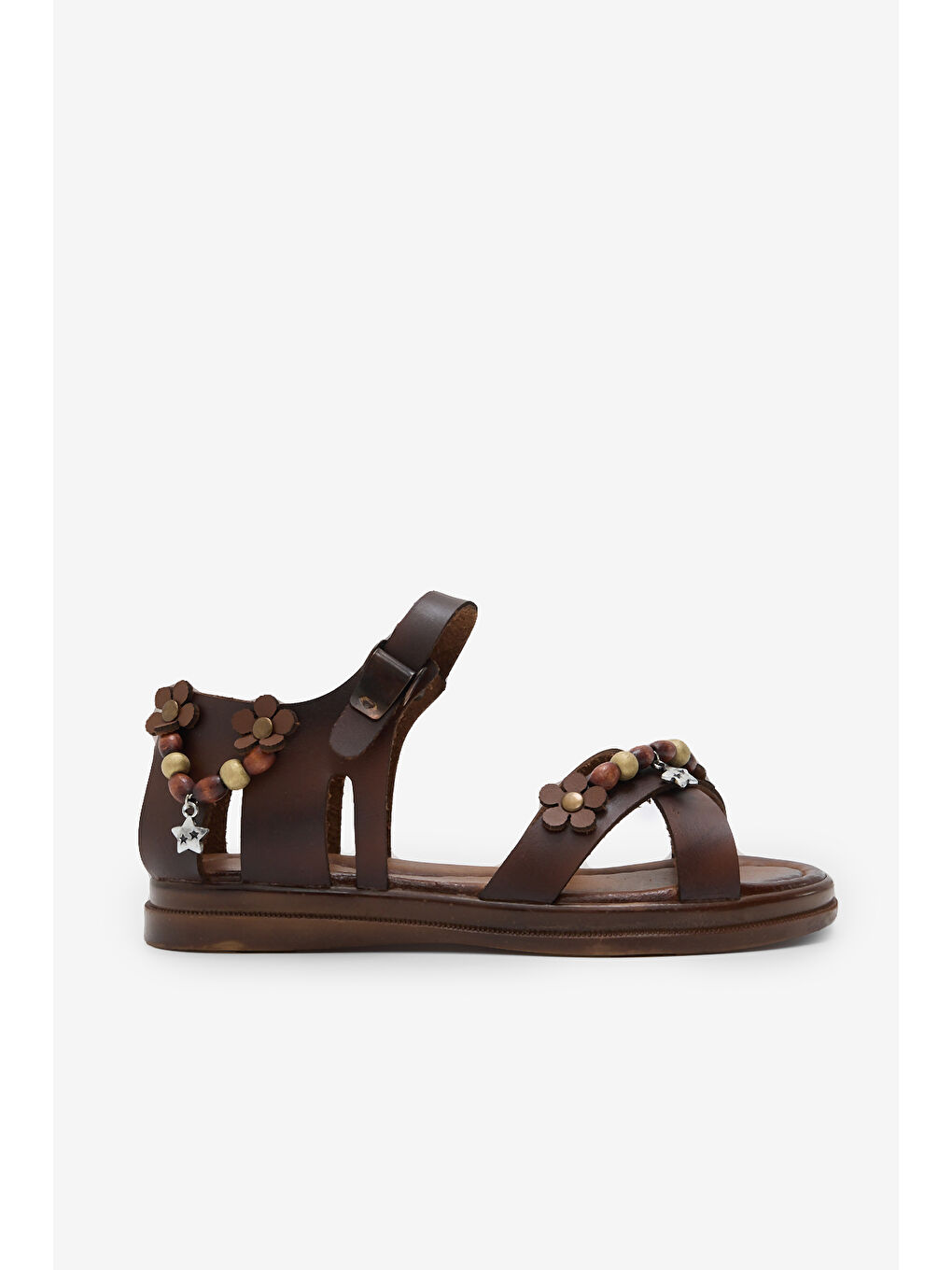 Kahverengi Kız Çocuk Taba Rahat Kalıp Boncuklu Sandalet-3