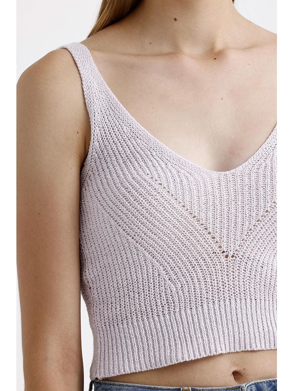 Lila Kalın Askılı V Yaka Kolsuz Triko Crop Bluz-2