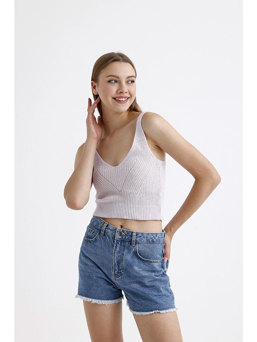 Lila Kalın Askılı V Yaka Kolsuz Triko Crop Bluz-3