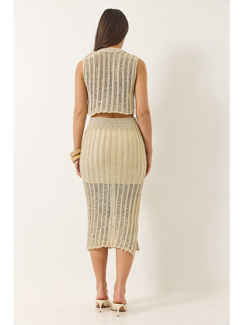 Bej Kadın Ajurlu Astarlı Yırtmaç Detaylı Etek Crop Metalik Simli Alt-Üst Takım-4