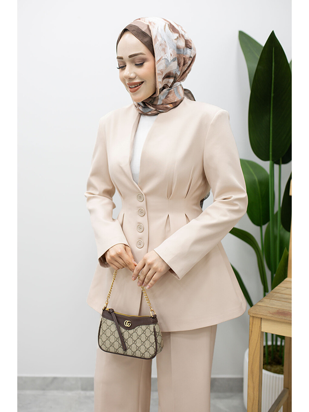 Pensli Belden Oturtmalı Blazer Takım TSD260227 Bej-1