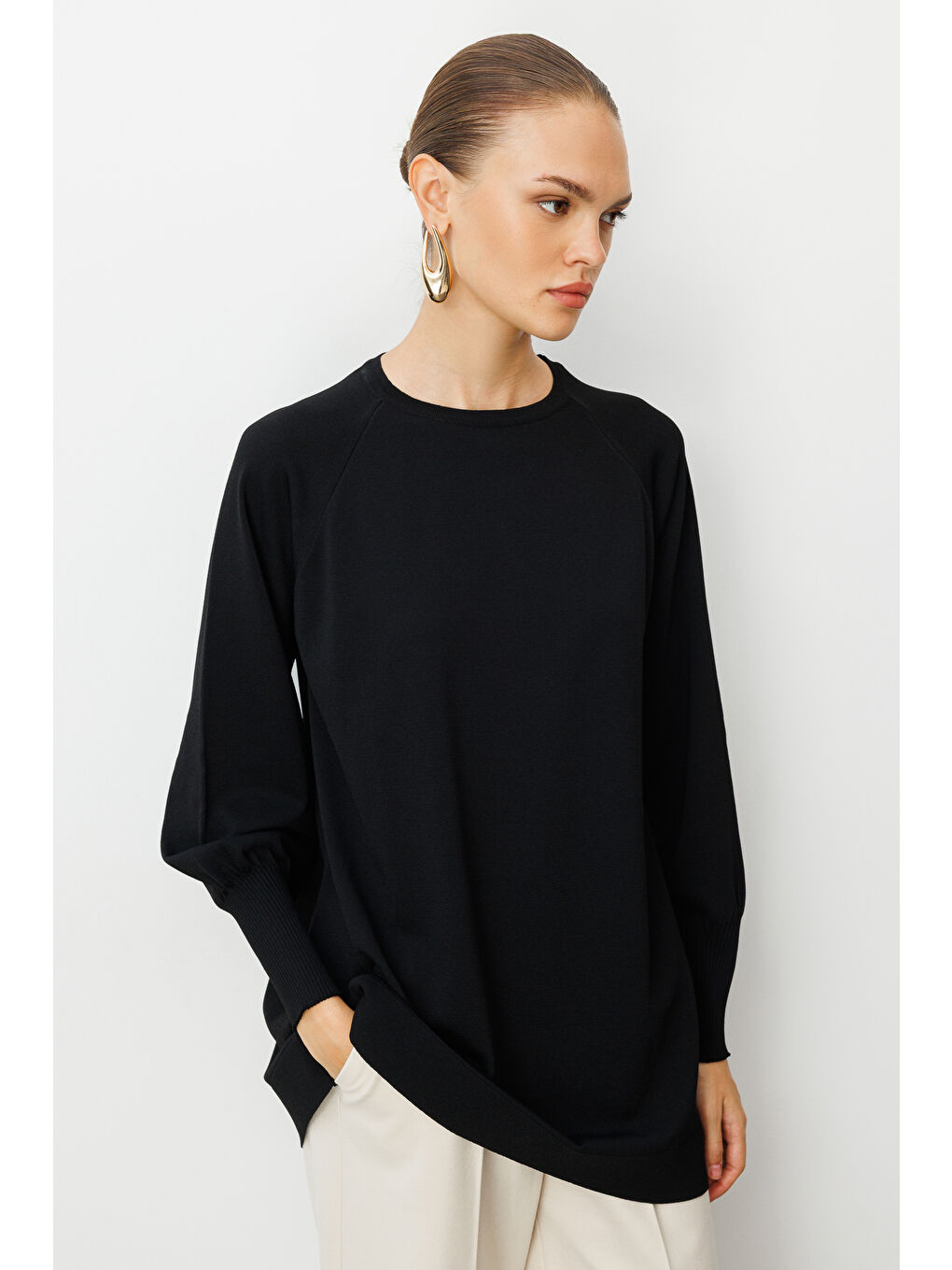 Balon Kollu Rayon Siyah Tunik-4