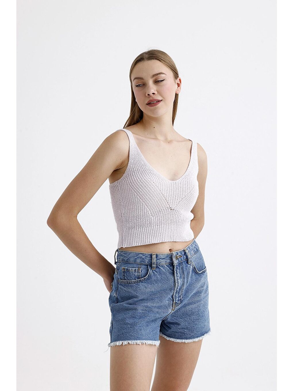 Lila Kalın Askılı V Yaka Kolsuz Triko Crop Bluz-4