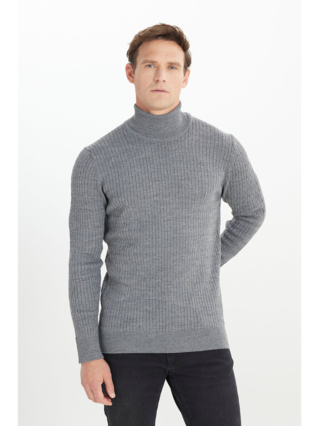 Erkek Gri Melanj Yünlü Sıcak Tutan Standart Fit Normal Kesim Saç Örgü Desenli Triko Kazak-2