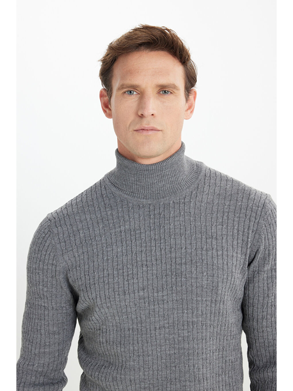 Erkek Gri Melanj Yünlü Sıcak Tutan Standart Fit Normal Kesim Saç Örgü Desenli Triko Kazak-3