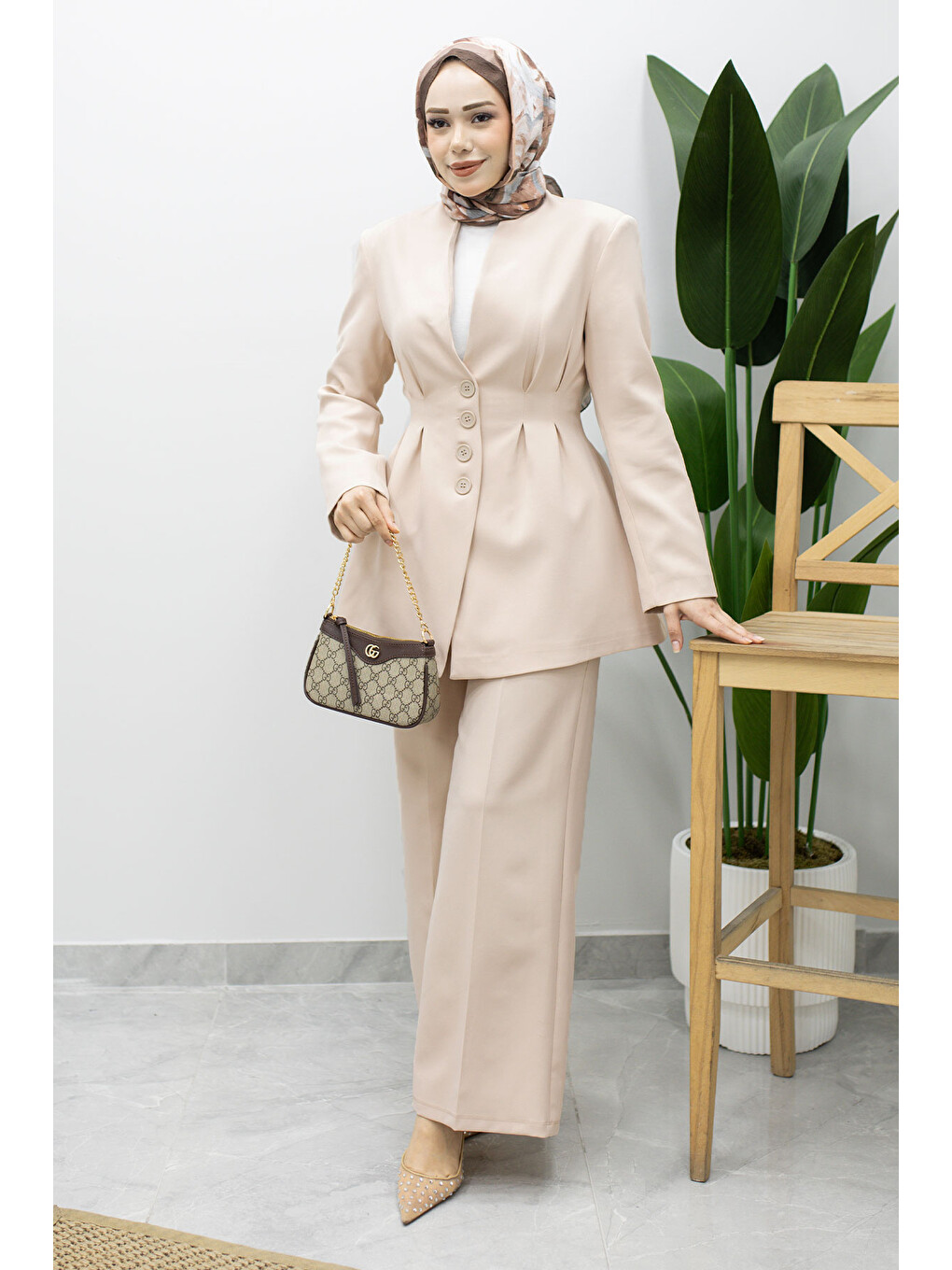 Pensli Belden Oturtmalı Blazer Takım TSD260227 Bej-3