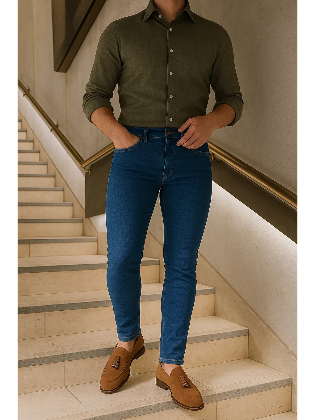 Erkek Yüksek Bel Premium Slim Fit Lacivert Jean Pantolon