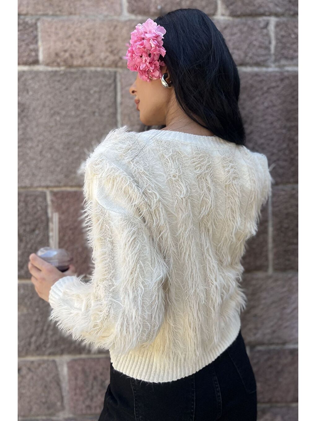 Ekru Kadın Sakallı Triko Kazak-3