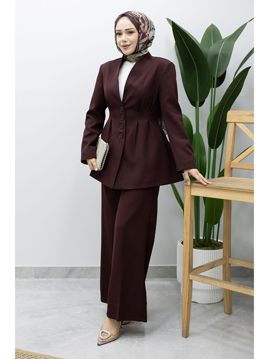 Pensli Belden Oturtmalı Blazer Takım TSD260227 Mürdüm