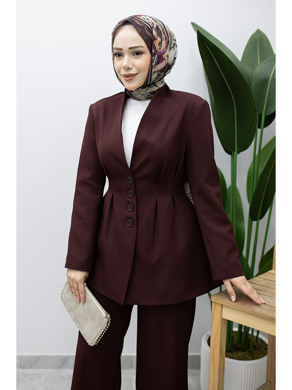 Pensli Belden Oturtmalı Blazer Takım TSD260227 Mürdüm-1